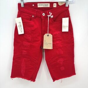 Evolution in Design Red Distressed Denim Shorts Size 12 Raw Hem Stretch